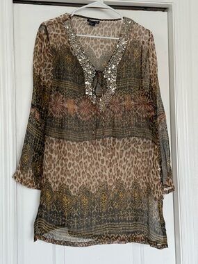 Boston Proper Brown Leopard & Paisley Beaded V-Neck Tunic